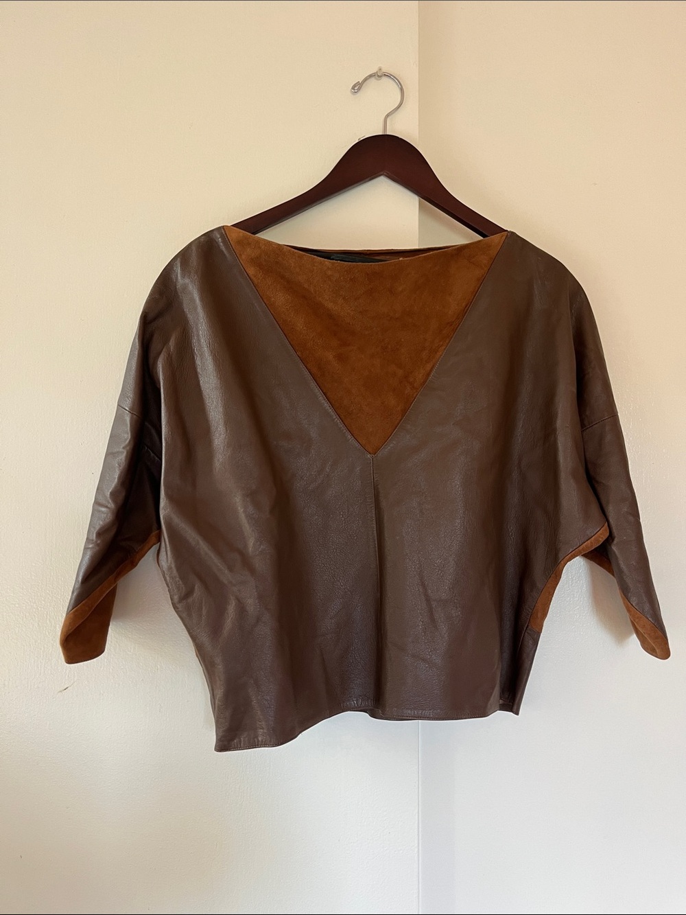 Brown Leather Boxy Top with Suede V-Inset